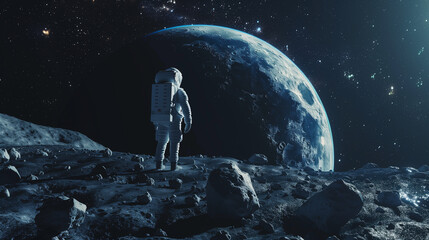 Lone Astronaut on the Moon Gazing at Earth – Space Exploration Cinematic Scene”