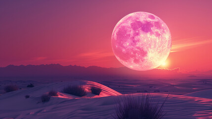 Desert Moonrise – Oversized Full Moon Over Twilight Sand Dunes Fantasy Landscape Oversized Full Moon Print, Purple Sunset Desert Landscape, Fantasy Twilight Sky Decor