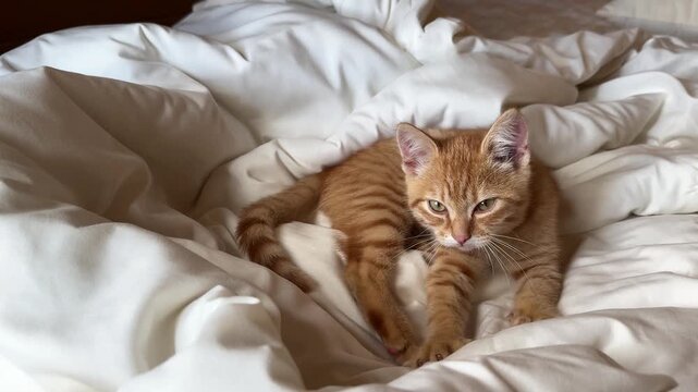 Ginger cat child kneading paws - pushing out claws in white bedding, getting ready for bed, starting to doze off. Cute funny home pets. Domestic animal and Young kittens