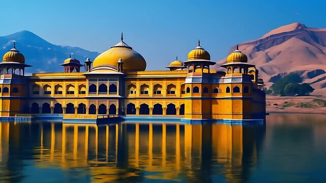 Majestic yellow sandstone architecture reflecting beautifully on the calm lake water