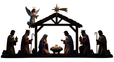 Nativity Scene Silhouette with Angel and Three Wise Men.