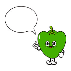 Cute green pepper cartoon character with a speech bubble.