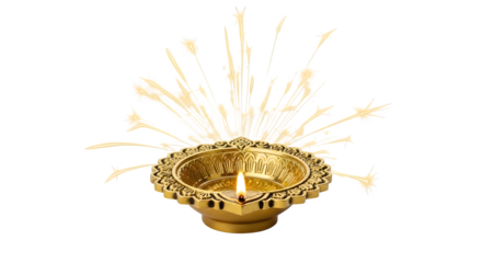 Ornate Brass Diya Oil Lamp with a Burning Flame.