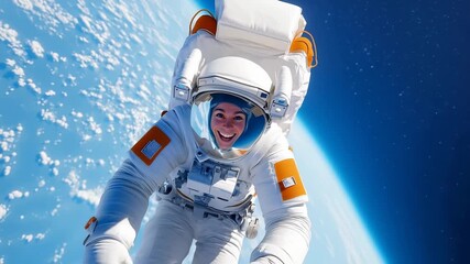 Young woman astronaut in white spacesuit taking excited selfie in space, earth and clouds visible in background. Extreme wide shot, handheld camera perspective. - Powered by Adobe