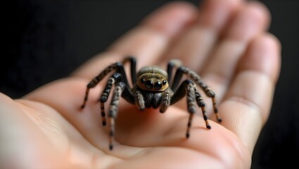 Obraz premium Close-up of a spider resting on a person’s hand, detailed macro view of arachnid and human interaction showing natural wildlife behavior
