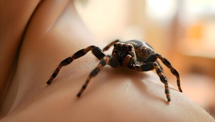 Obraz premium Spider positioned on the arm of a human, macro detailed view of arachnid body and legs interacting with skin surface in natural light