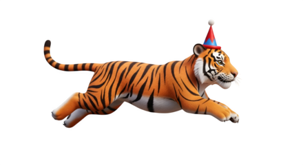 Playful Tiger in Party Hat Leaping with Joy.