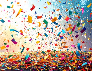Colorful confetti falling on a ground covered in confetti