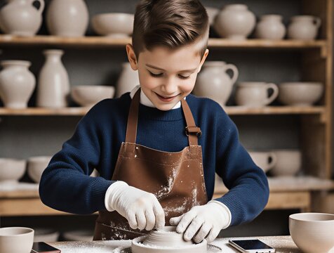 happy boy shapes ceramic plate in pottery workshop | education, creativity, childhood, craft, learning theme