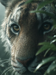 Siberian Tiger Camouflaged Among Jungle Greenery