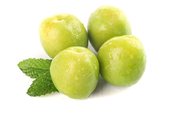 Fresh Green Plums with Mint Leaves on White Background
