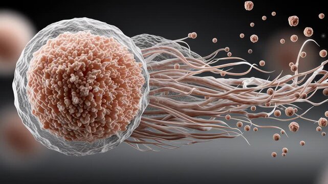 Human egg zona pellucida with sperm tail motion creating dynamic microscopic fertilization scene cell membrane ovum cell with