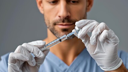 Male nurse preparing vaccine syringe with vial and gloved hands, focused medical healthcare caregiver handling sterile syringe - Powered by Adobe