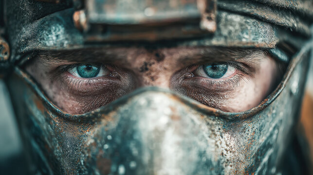 Close-up portrait of a welder’s blue eyes behind a battered metal mask, dirt and sweat showing determination