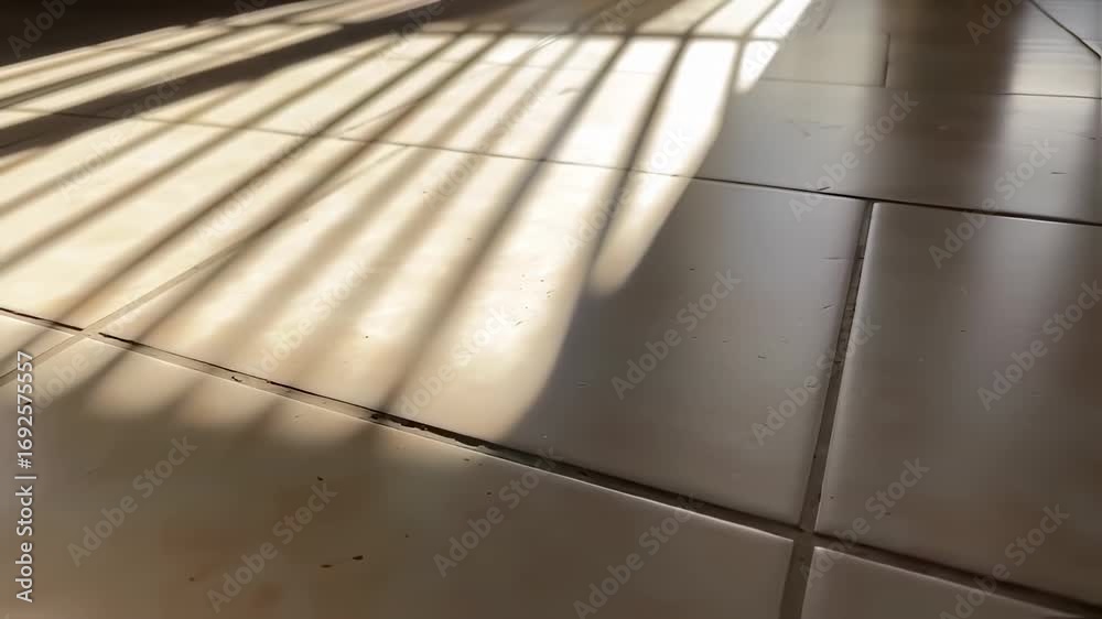 Wall mural dynamic play of light and shadow across floor tiles, creating pattern formations
