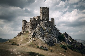 Explore the stunning medieval castle ruins atop a dramatic rocky hill under a moody sky, perfect for historical travel and fantasy concept art