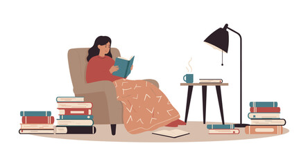 Cozy reading corner with woman relaxing in armchair surrounded by books and warm blanket