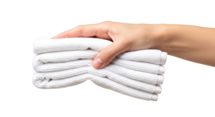 a hand offering fresh clean white towels purity, hygiene, and a spotless beginning, isolated on transparent background