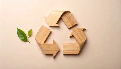 Wooden recycling symbol with green leaves, representing environmental sustainability and eco-friendliness on a beige background.