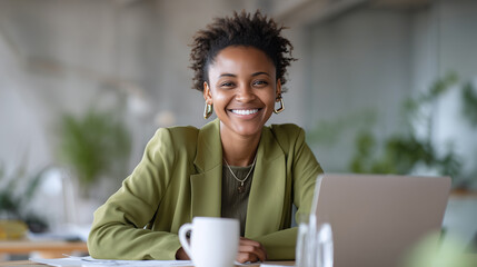 Young Black Woman Smiling at Laptop in Bright Modern Office