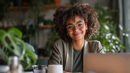 Young Black Woman Smiling at Laptop in Bright Modern Office