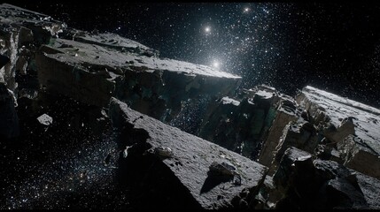 A massive floating landmass crumbling in space, ancient layers disintegrating into stardust.