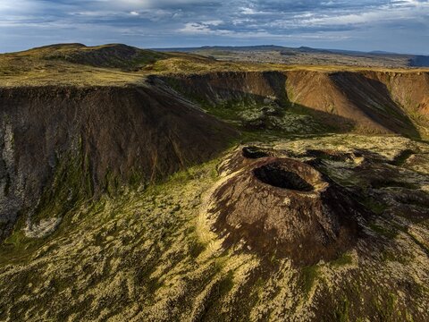 Volcano, crater, aerial view, evening light, summer, Eldborg, Reykjanes Peninsula, Iceland