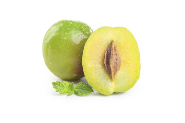 Fresh Xinjiang Green Pears and Apricots with Mint on White Background