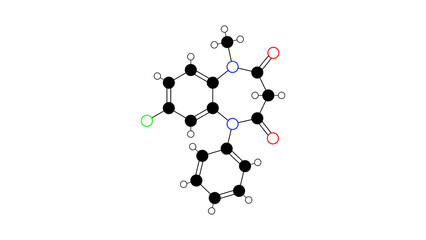 clobazam molecule, structural chemical formula, ball-and-stick model, isolated image antiepileptic
