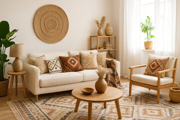 modern home decor bohemian. A cozy, stylish living room featuring natural tones, decorative pillows, and plants, creating a warm and inviting atmosphere.