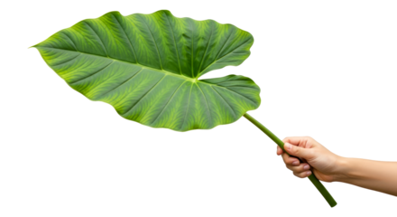 a hand offering giant tropical leaf natures embrace, lush greenery, and exotic beauty, isolated on transparent background