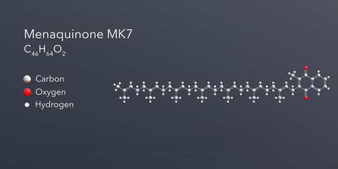menaquinone mk7 molecule 3d rendering, flat molecular structure with chemical formula and atoms color coding