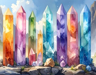 Colorful crystals stand tall against a backdrop of mountains
