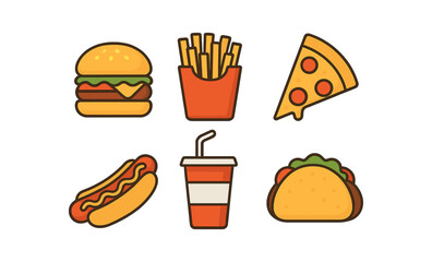 Colorful fast food icons on wooden background