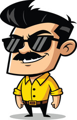 Confident cartoon man, black sunglasses, yellow shirt, stylish mustache, bold hairstyle, standing pose, character design, vector art, retro vibe, cool attitude
