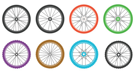 colorful bicycle wheels arranged neatly in two rows © msunny93