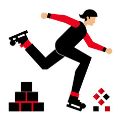 Silhouette roller skater kicking pixel blocks dynamic action vector