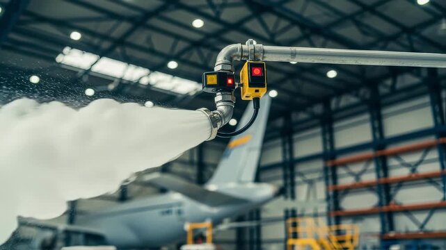 Upclose of safety sensors triggering foam nozzle activation during hangar fire safety system functionality testing.