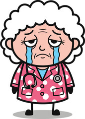 Sad elderly female doctor, cartoon medical character, emotional healthcare worker, crying nurse illustration, senior woman physician, hospital stress concept