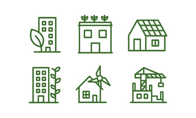 Sustainable architecture icons in linear eco design on green background