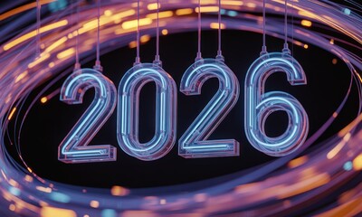 Year 2026 neon, swirling lights