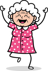 Elderly woman cartoon, joyful grandma illustration, dancing senior character, pink polka dot dress, cheerful pose, happy aging, whimsical art