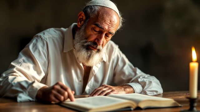 Jewish senior man reading torah by candlelight on yom kippur