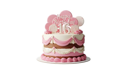 Sweet Sixteen Birthday Cake with Pink and White Icing Isolated on Black.