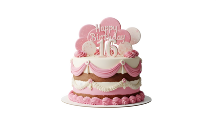 Sweet Sixteen Birthday Cake with Pink and White Icing Isolated on Black.