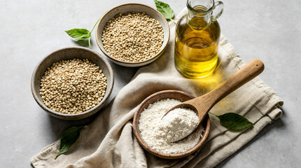 Hemp Seeds, Flour, and Oil in Wellness Kitchen Setting