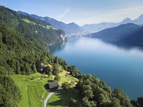Rütli meadow, Grütli Museum and the Rütli House, fountains and the myths behind, Lake Lucerne, Rütli, Canton, Uri, Switzerland