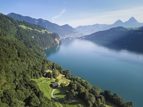 R&uuml;tli meadow, Gr&uuml;tli Museum and the R&uuml;tli House, fountains and the myths behind, Lake Lucerne, R&uuml;tli, Canton, Uri, Switzerland