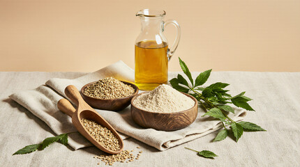 Hemp Seeds, Flour, and Oil in Wellness Kitchen Setting