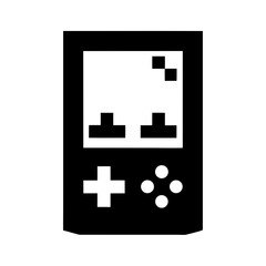 Retro handheld game console emitting pixel blocks silhouette vector